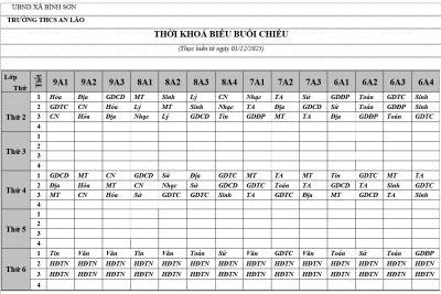 Thời khoá biểu thực hiện từ 01/12/2025